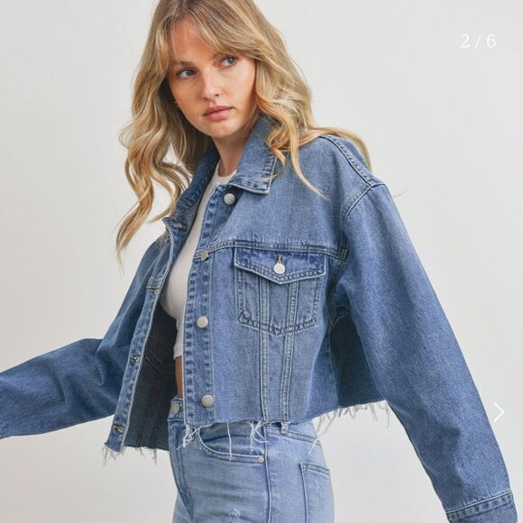 JUST‎ USA Classic Denim Jacket Cropped Frayed Hem Indigo XL Stitch Fix Nwt - Picture 2 of 4